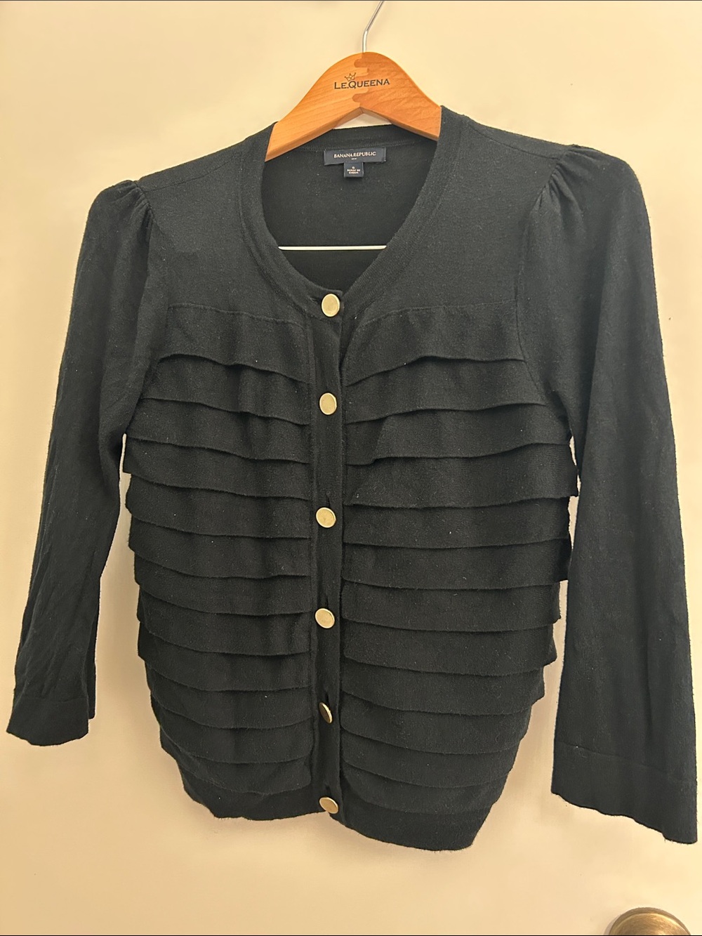 Banana Republic Black Ruffled Front Cardigan with Gold Buttons